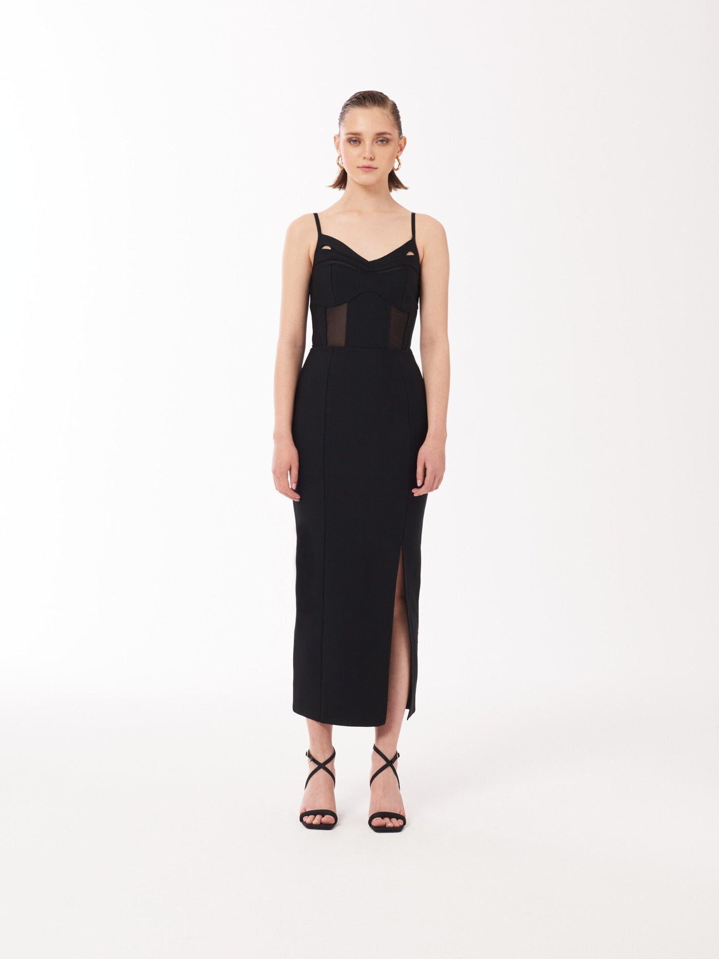 Black Bustier Mesh Binding Detail Dress with sheer tulle inserts and side slit. Designed by fashion brand Sour Figs