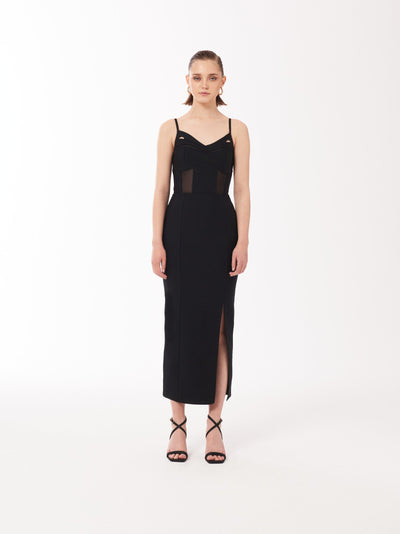 Black Bustier Mesh Binding Detail Dress with sheer tulle inserts and side slit. Designed by fashion brand Sour Figs