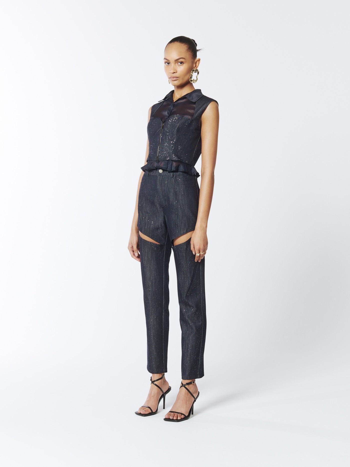 SOUR FIGS Embellished Sparkly Cut-Out Jeans in Profound Blue