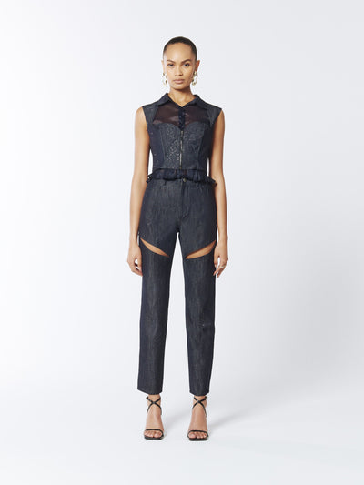 SOUR FIGS Embellished Sparkly Cut-Out Jeans in Profound Blue