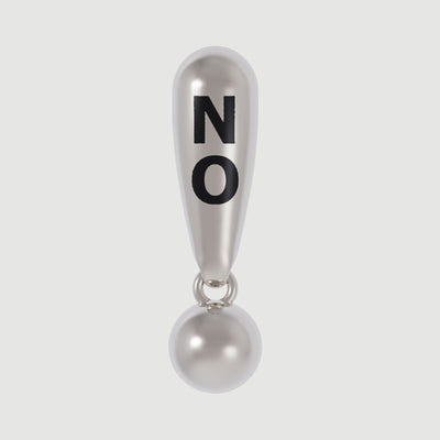  A silver-colored clip-on earring featuring the word "NO!" written in bold black letters with an exclamation mark, creating a bold and expressive statement piece.