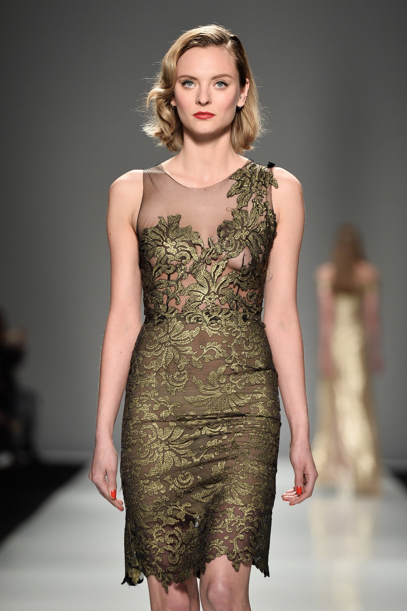 Gold lace black sheer dress