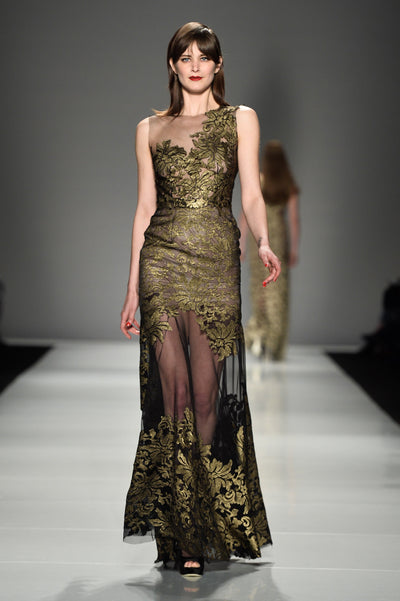 Gold lace black sheer gown