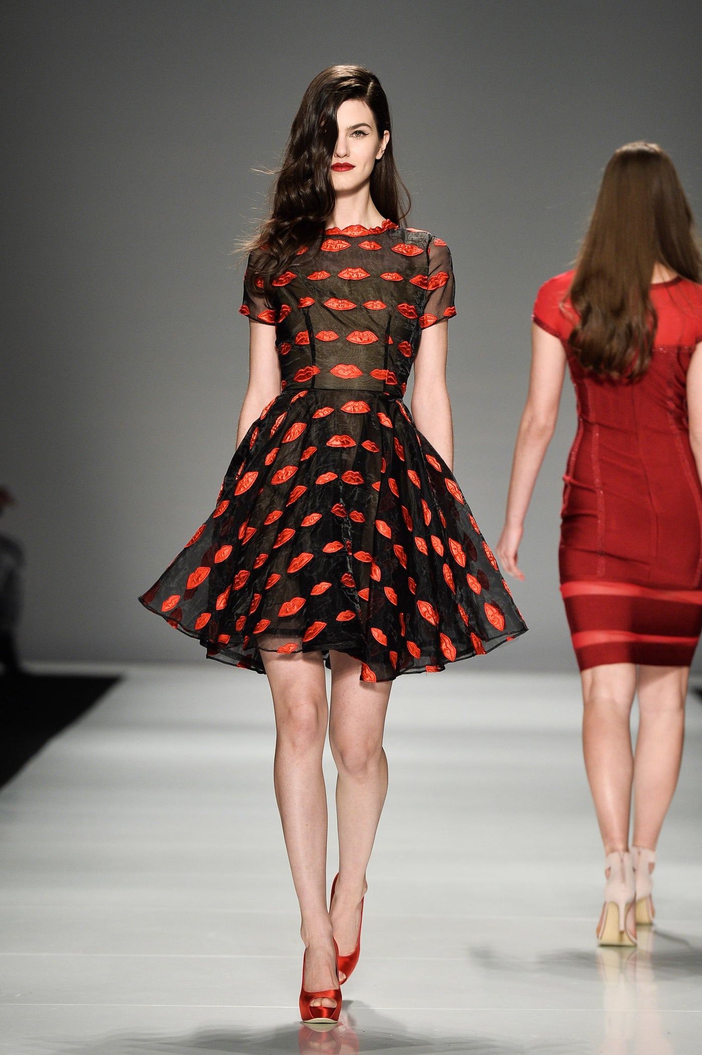 Red lips full skirt dress
