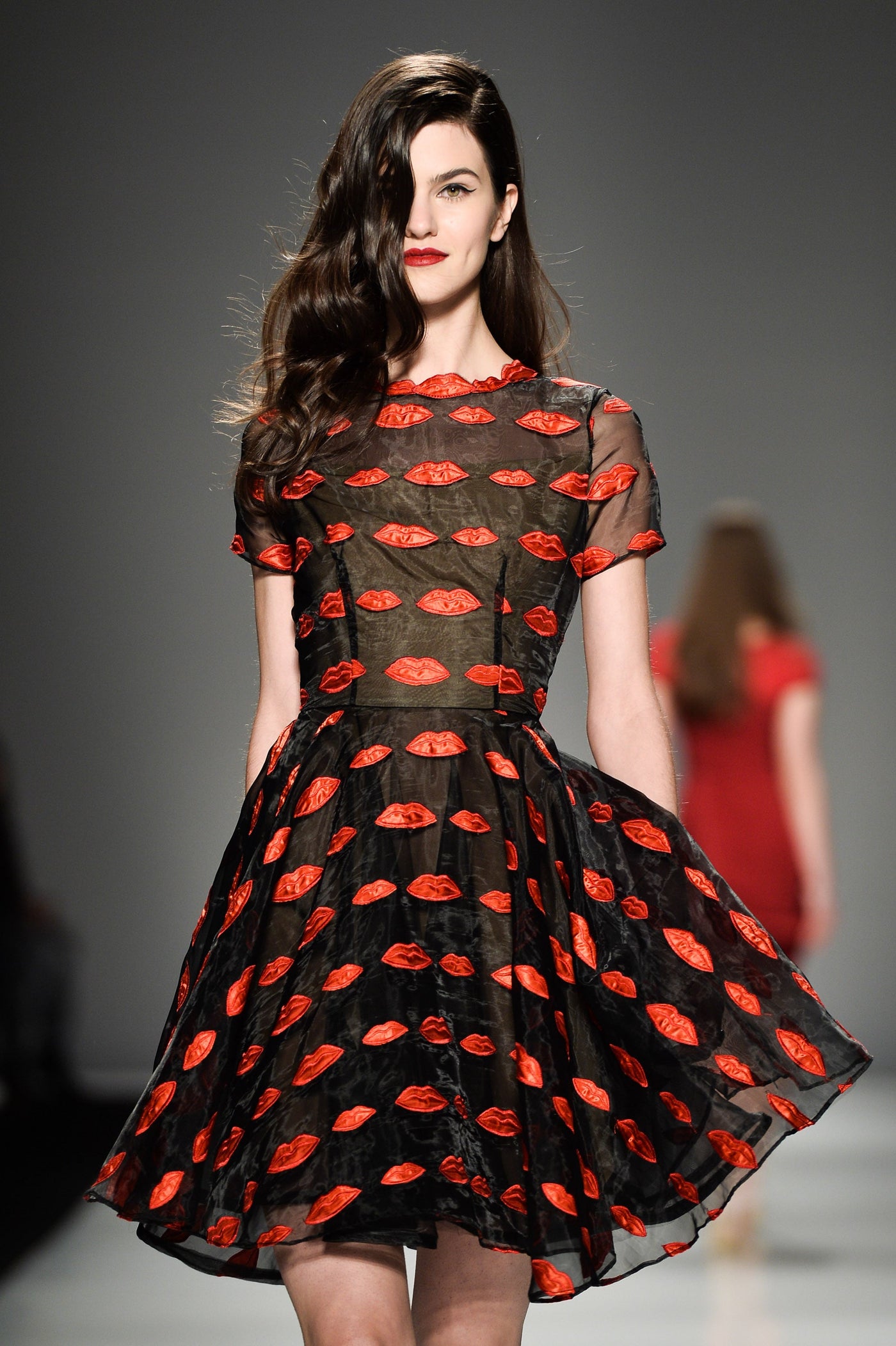 Red lips full skirt dress