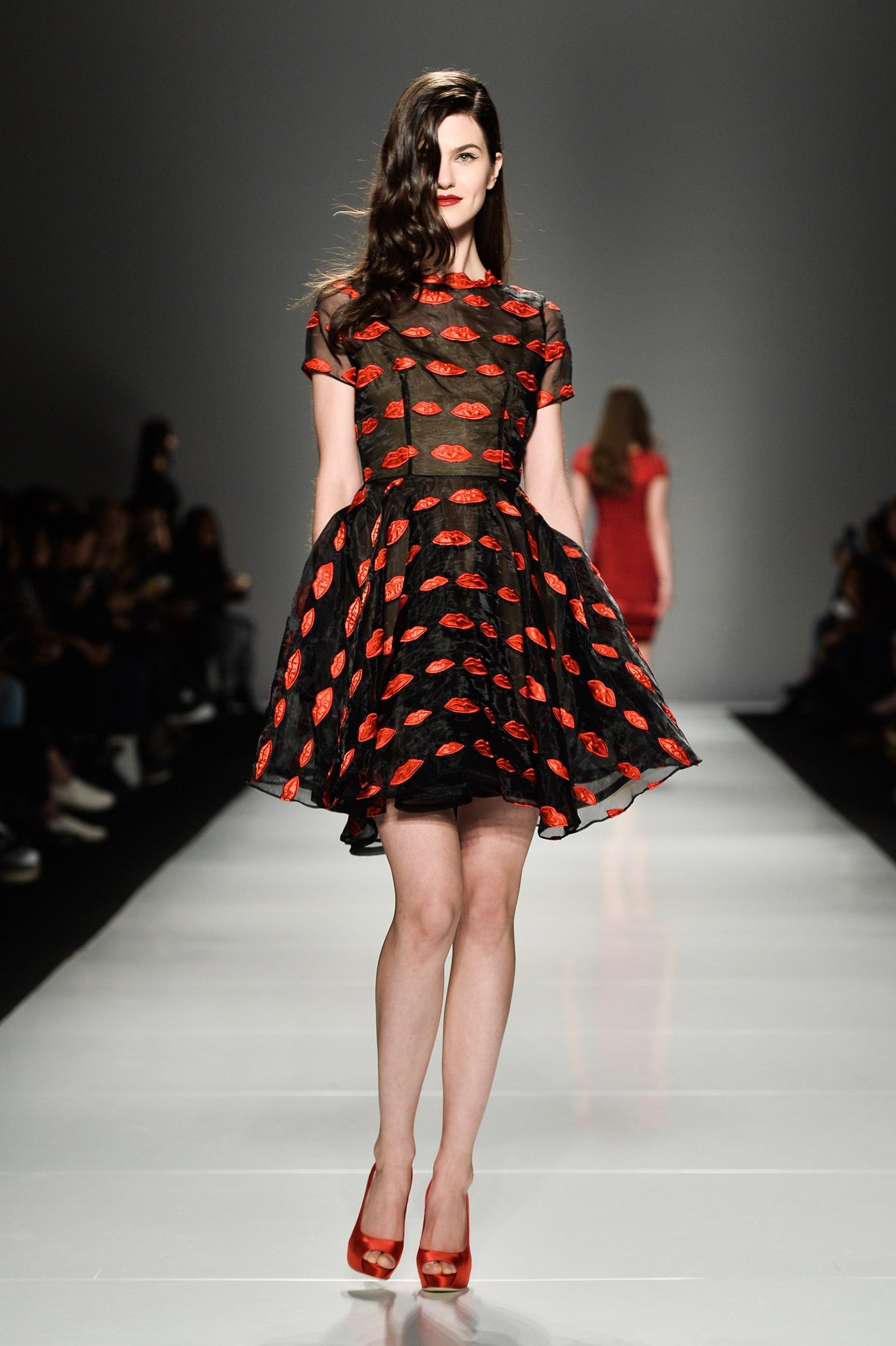Red lips full skirt dress
