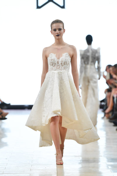 Bridal ivory high low lace embellished strapless dress