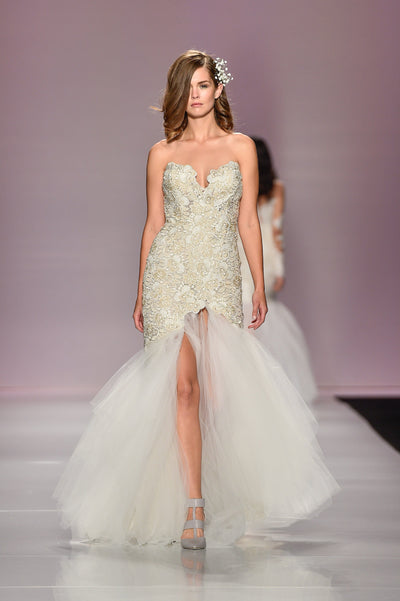 Gold detailed lace high slit mermaid gown 