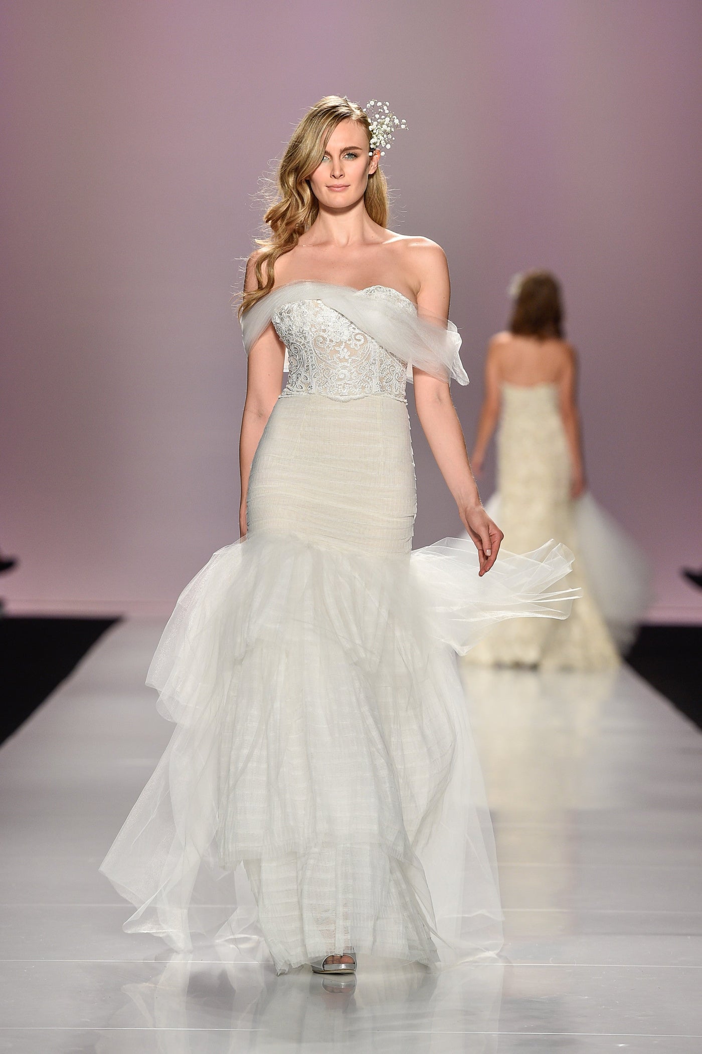 Off shoulder lace embellished mermaid gown