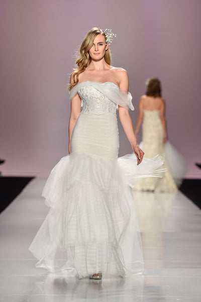 Off shoulder lace embellished mermaid gown