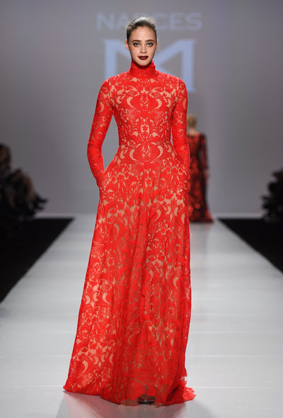 Red high collar lace gown