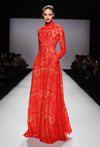 Red high collar lace gown