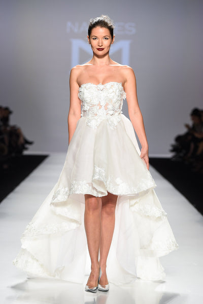 High low strapless lace silk organza gown