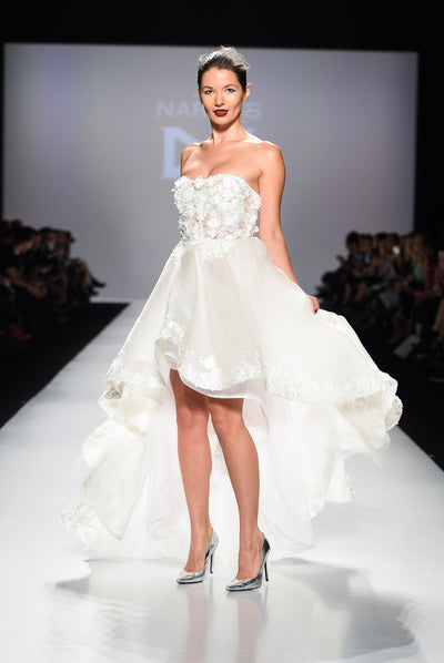 High low strapless lace silk organza gown
