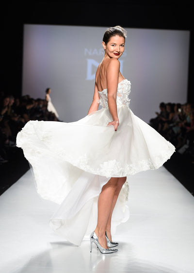 High low strapless lace silk organza gown