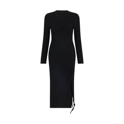 Gathered Bra Midi Dress with Split in Black