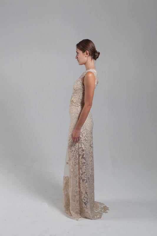 Gold lace sheer high low gown