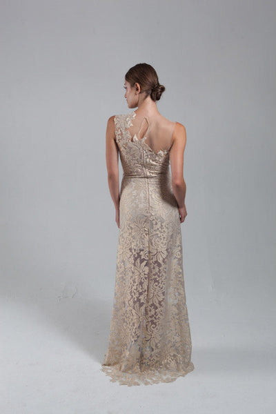 Gold lace sheer high low gown