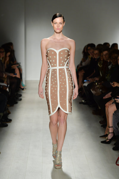 Pearl embellished stretch-knit strapless dress