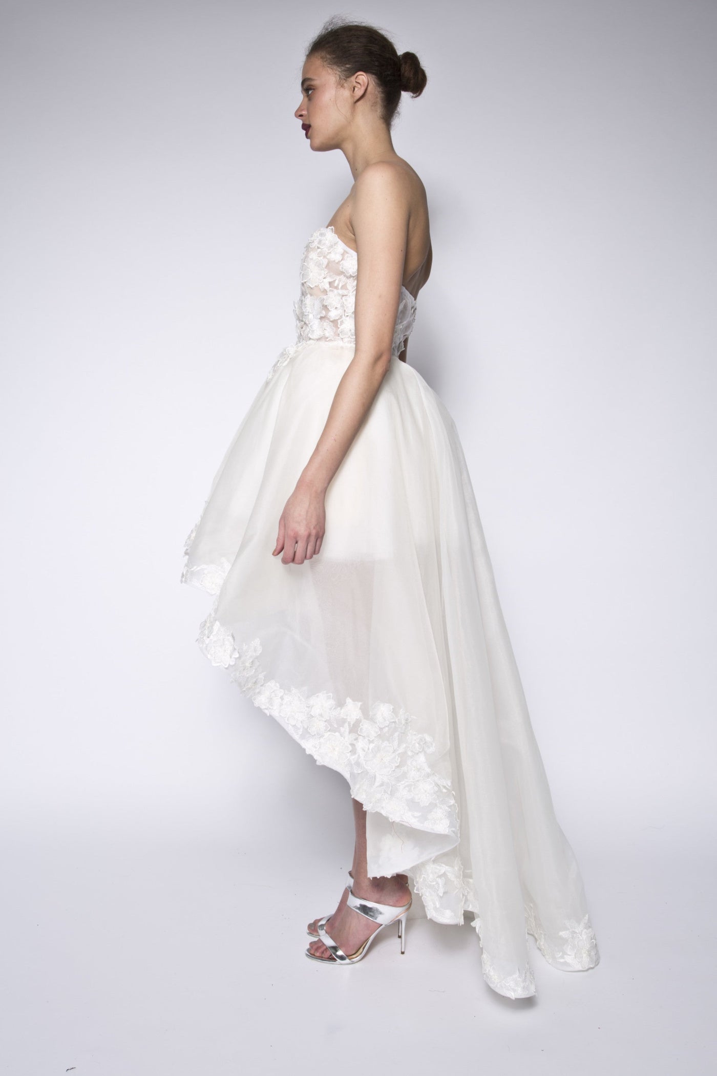 High low strapless lace silk organza gown