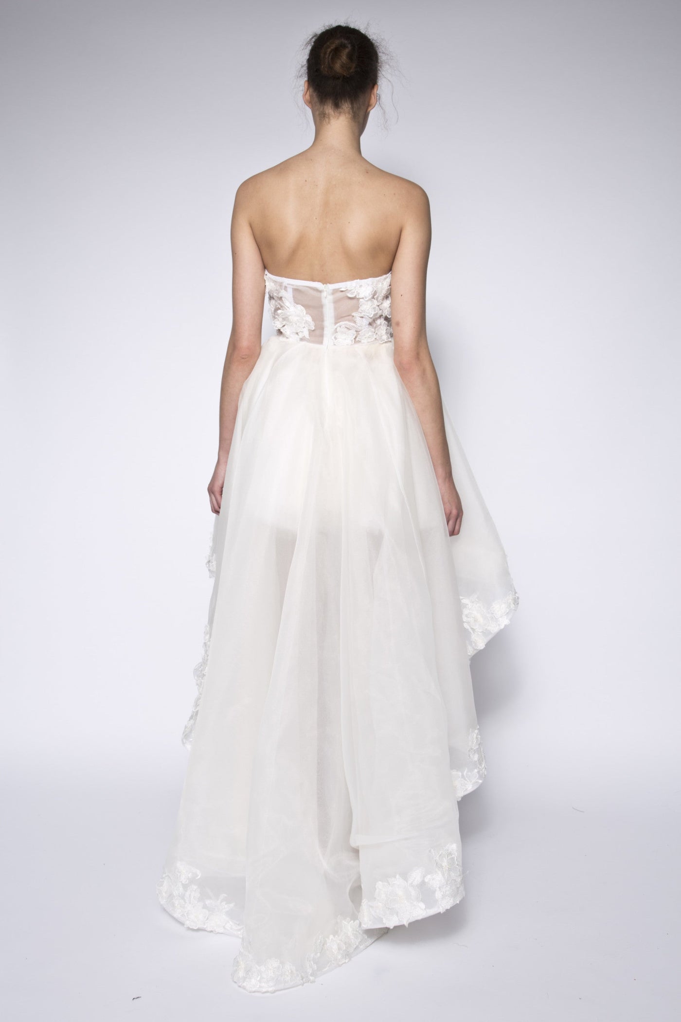 High low strapless lace silk organza gown