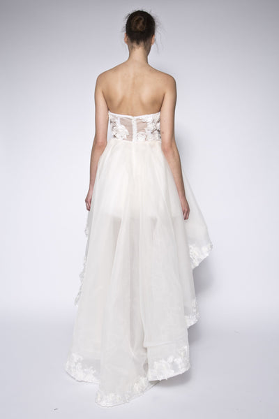 High low strapless lace silk organza gown