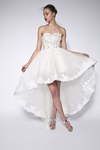 High low strapless lace silk organza gown