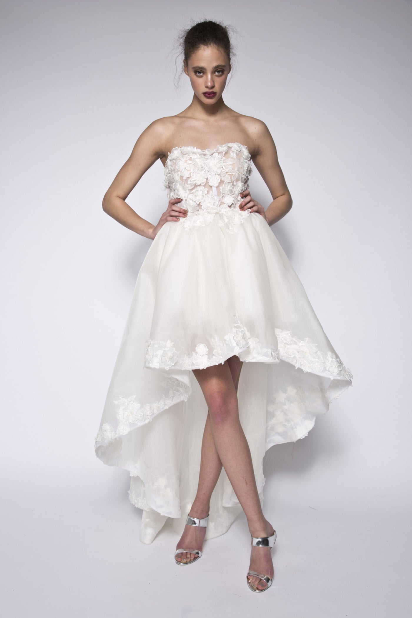 High low strapless lace silk organza gown