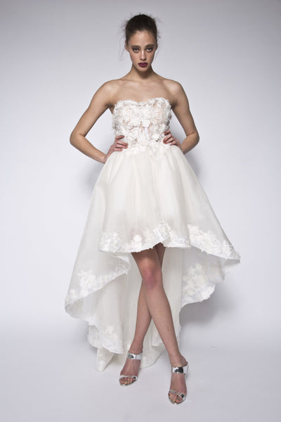 High low strapless lace silk organza gown