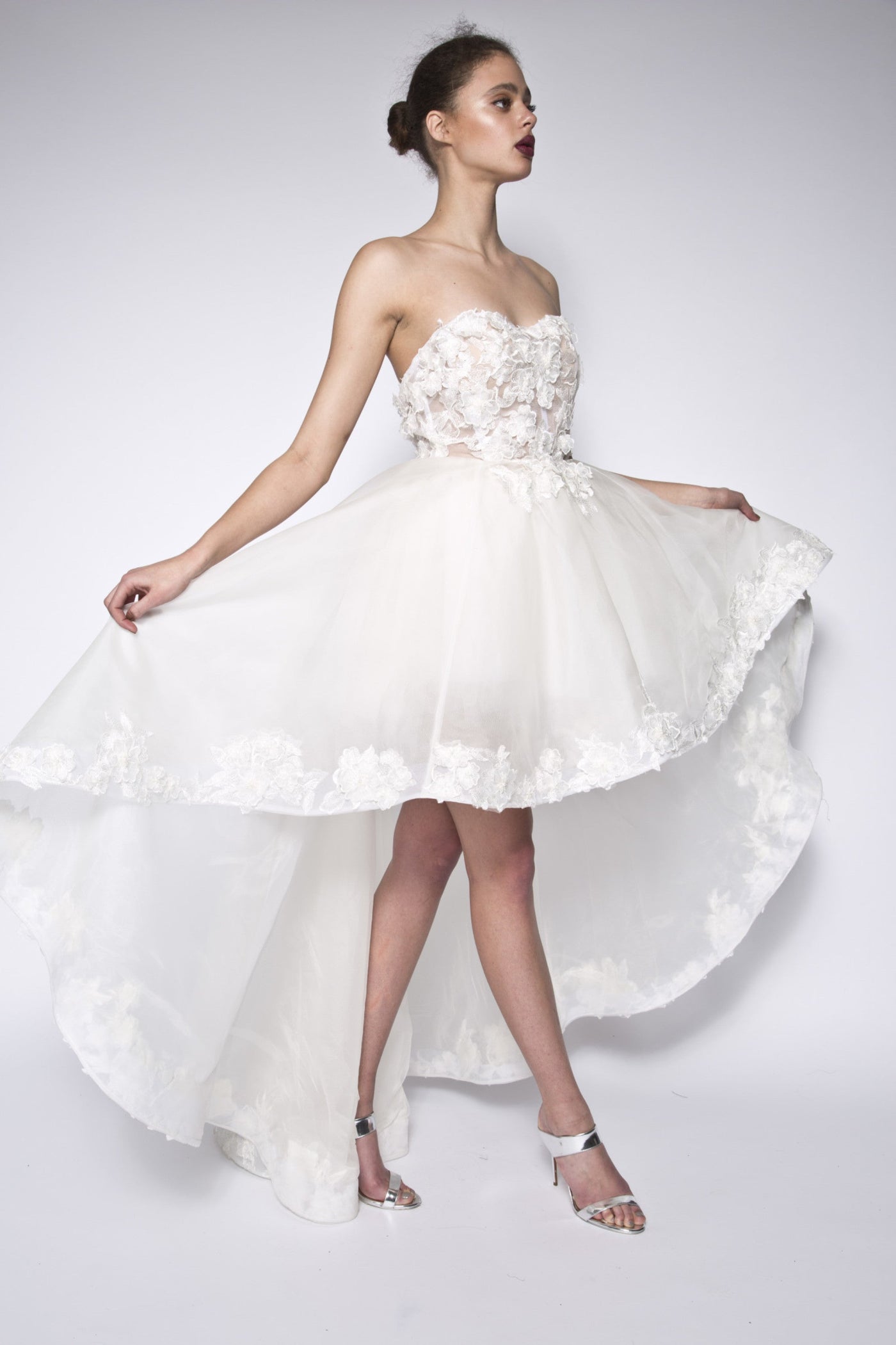 High low strapless lace silk organza gown