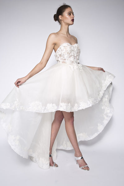 High low strapless lace silk organza gown