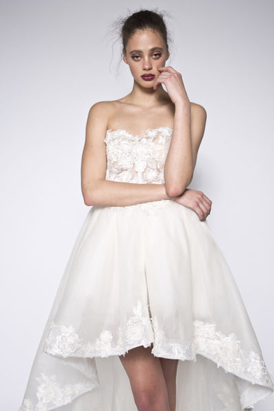 High low strapless lace silk organza gown