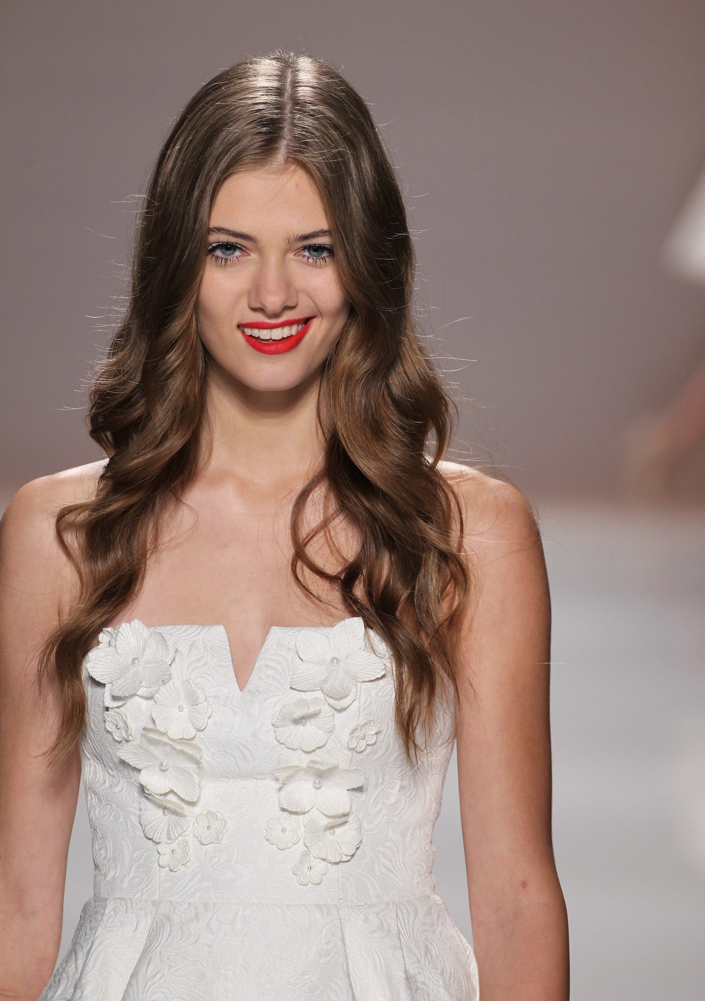 White floral embellished strapless high low dress