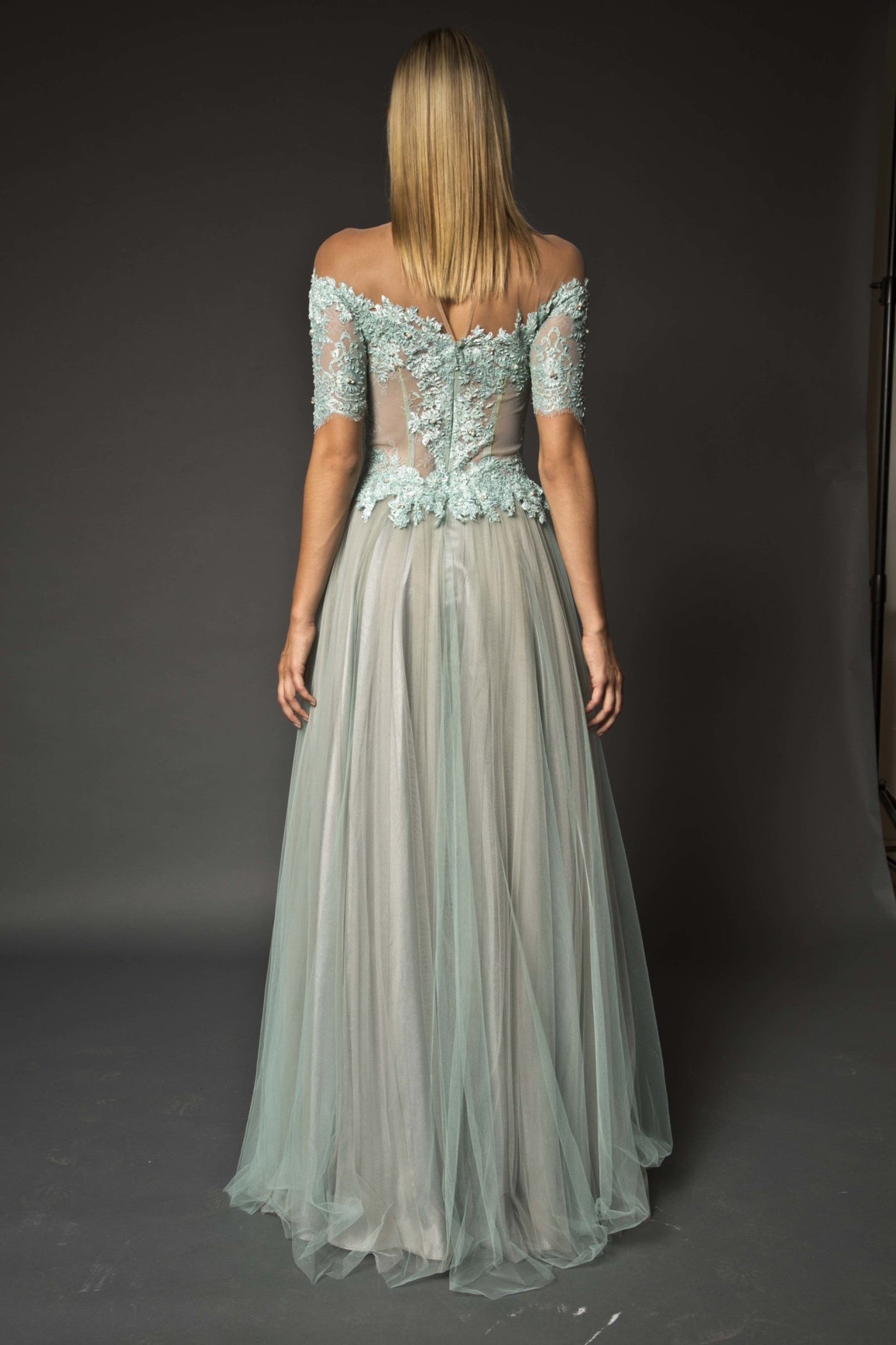 Off shoulder lace embellished gown