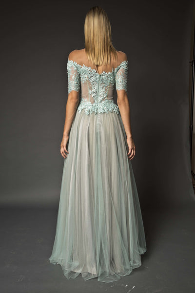 Off shoulder lace embellished gown