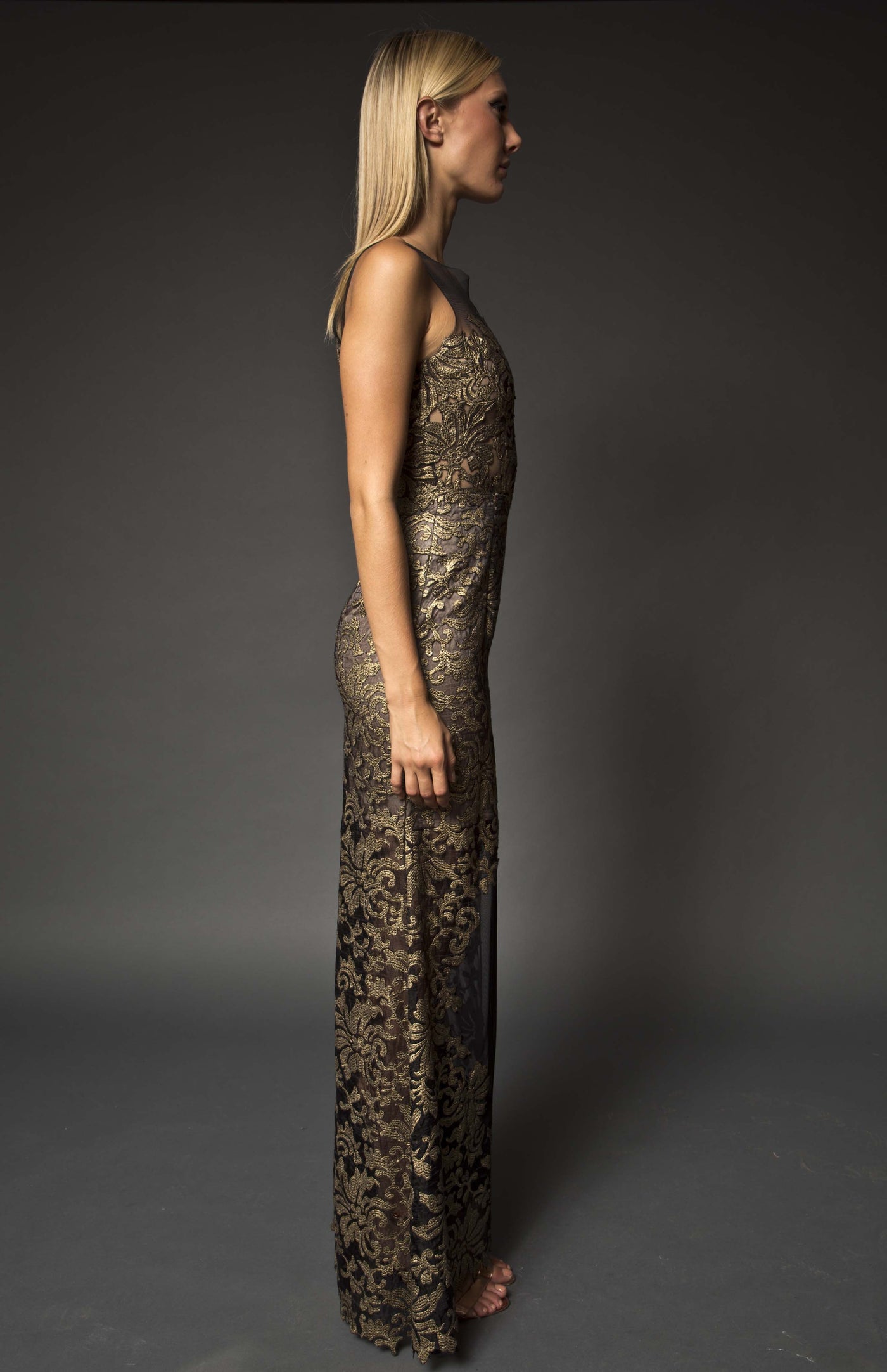 Black and gold lace sheer dress