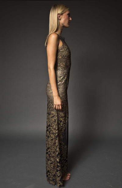 Black and gold lace sheer dress