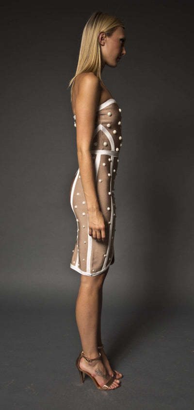 Pearl embellished stretch-knit strapless dress