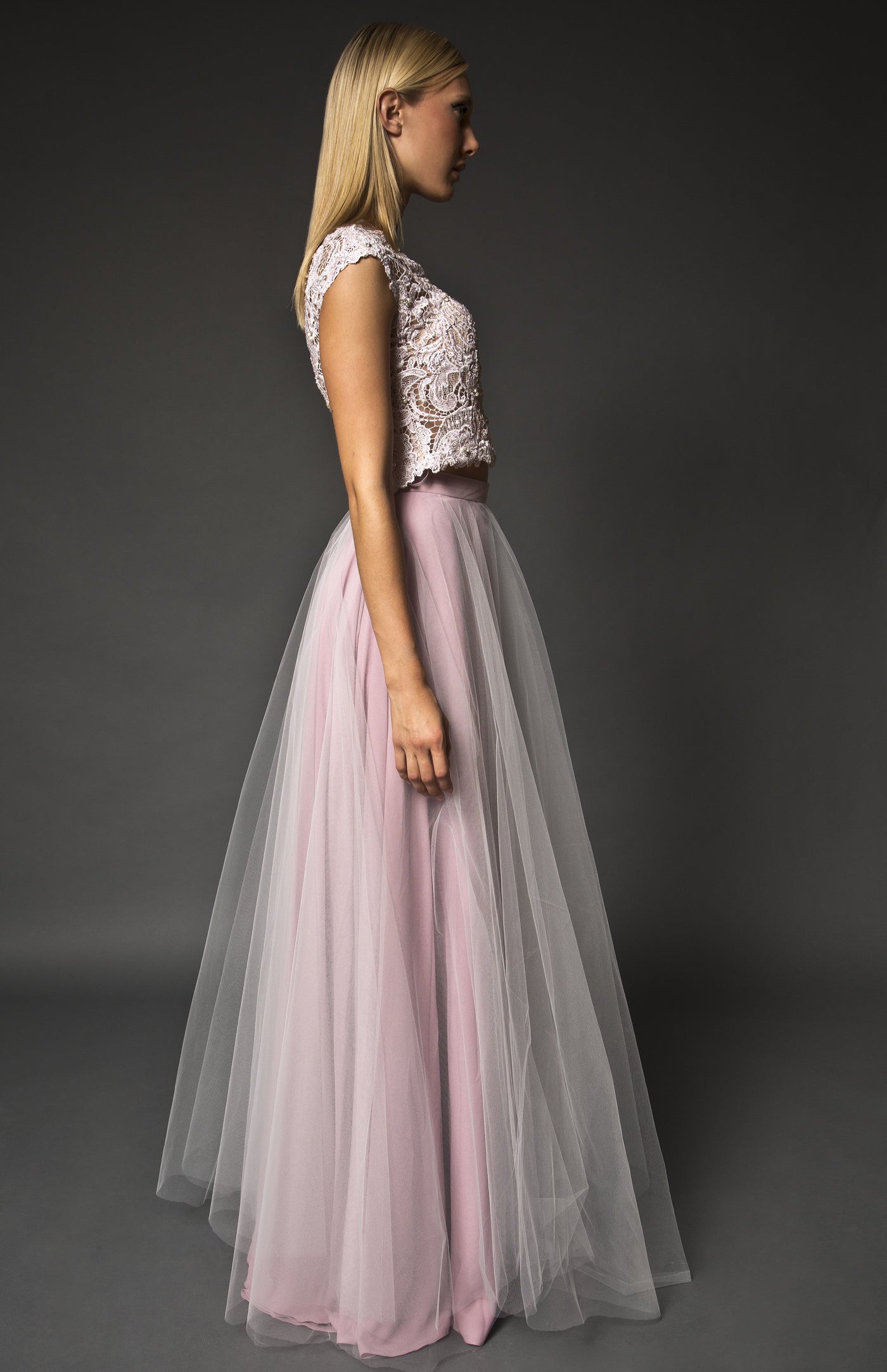 Two piece lace embellished gown