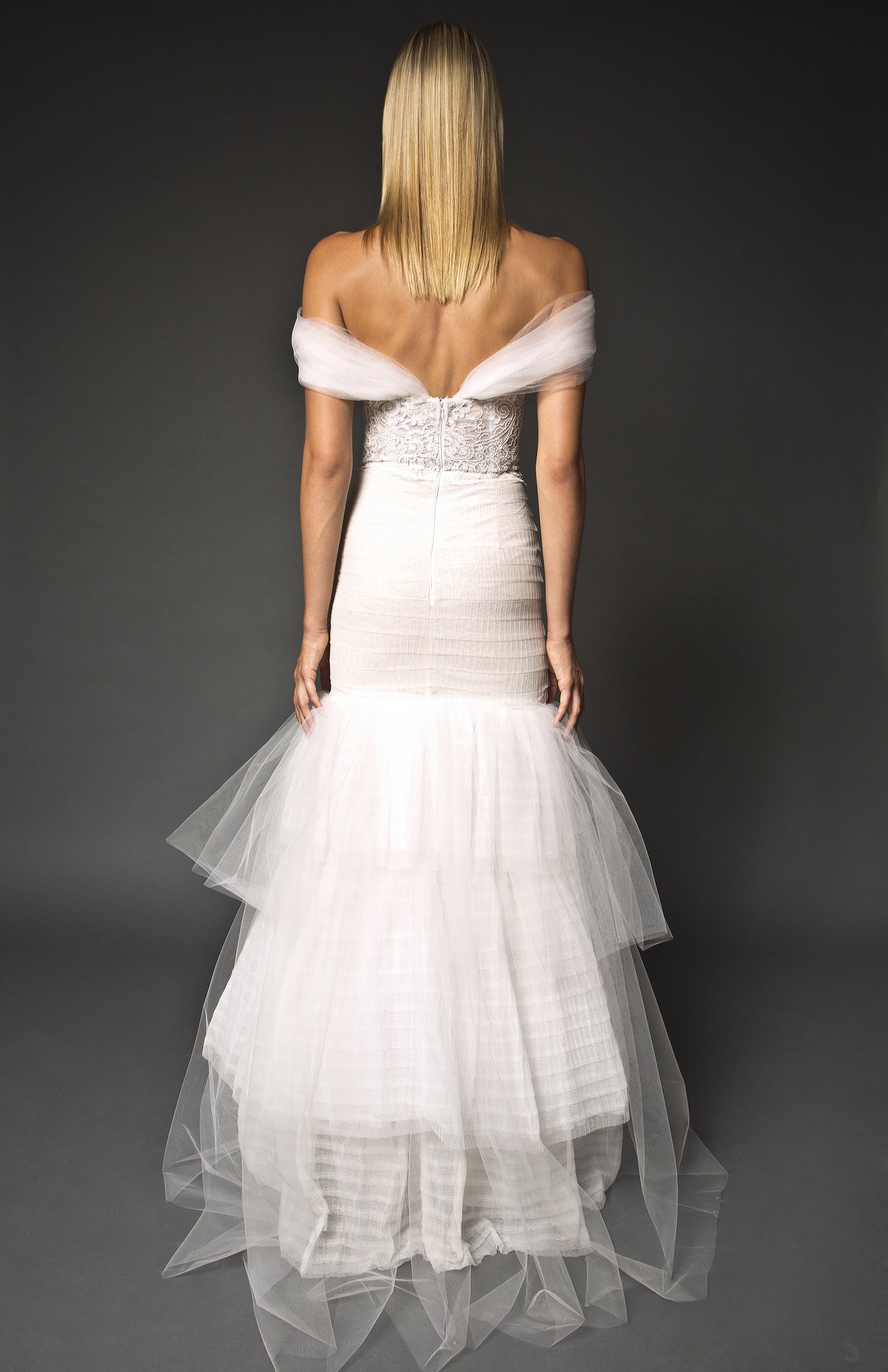 Off shoulder lace embellished mermaid gown