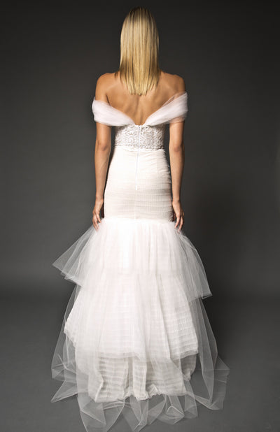 Off shoulder lace embellished mermaid gown
