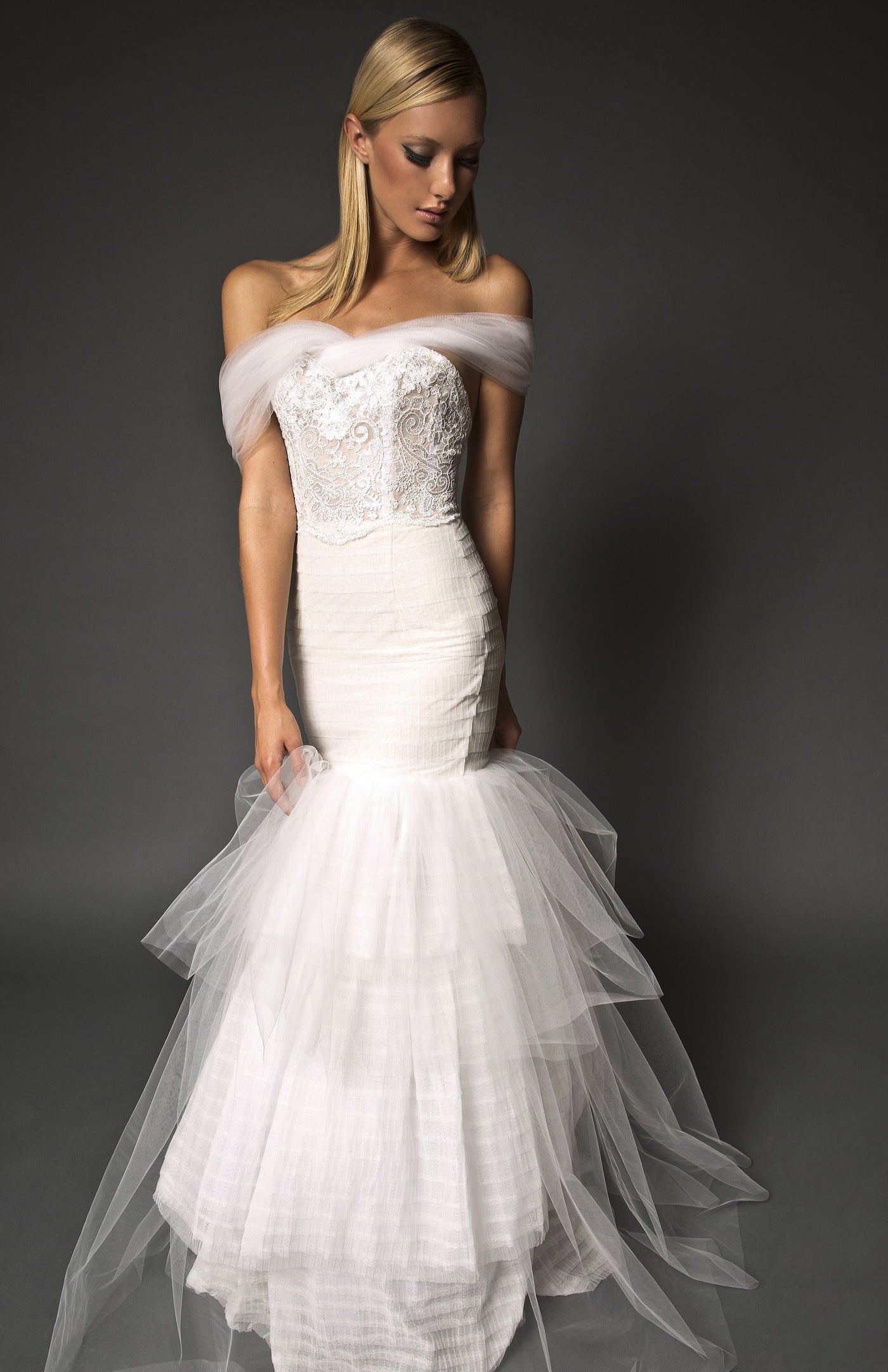 Off shoulder lace embellished mermaid gown