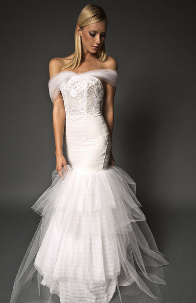 Off shoulder lace embellished mermaid gown