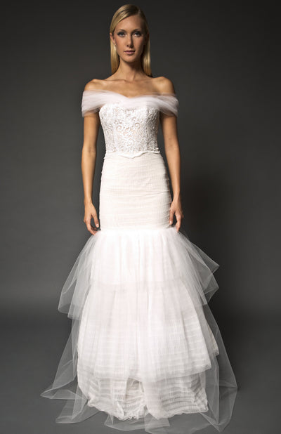 Off shoulder lace embellished mermaid gown