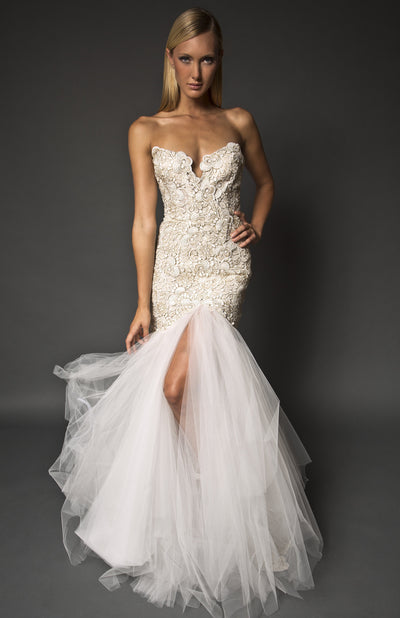 Gold detailed lace high slit mermaid gown 