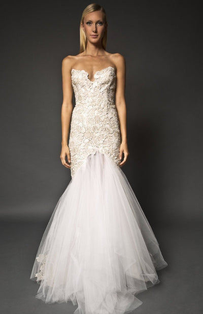 Gold detailed lace high slit mermaid gown 
