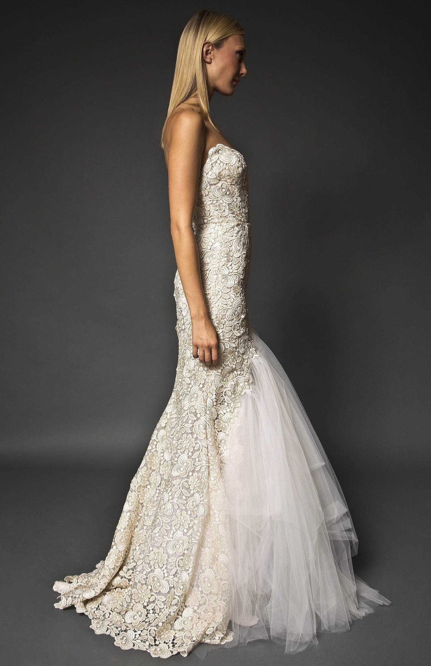 Gold detailed lace high slit mermaid gown 
