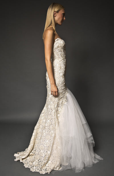 Gold detailed lace high slit mermaid gown 