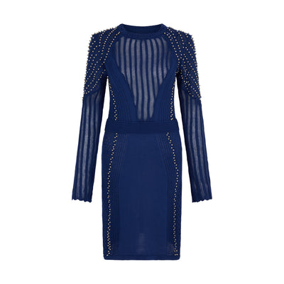 SOUR FIGS Studded Sheer Knit Mini Jumper Dress in Midnight Blue