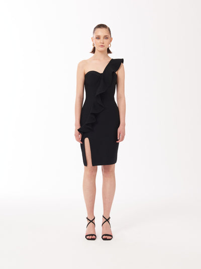 Asymmetrical One-shoulder ruffle dress with built-in cups LBD